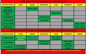 Horaires de nos entrainements pour 2019/2020